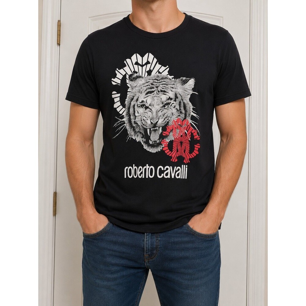 Roberto Cavalli Men's Black Tiger Logo Graphic Crew Neck T-Shirt Cotton Size L